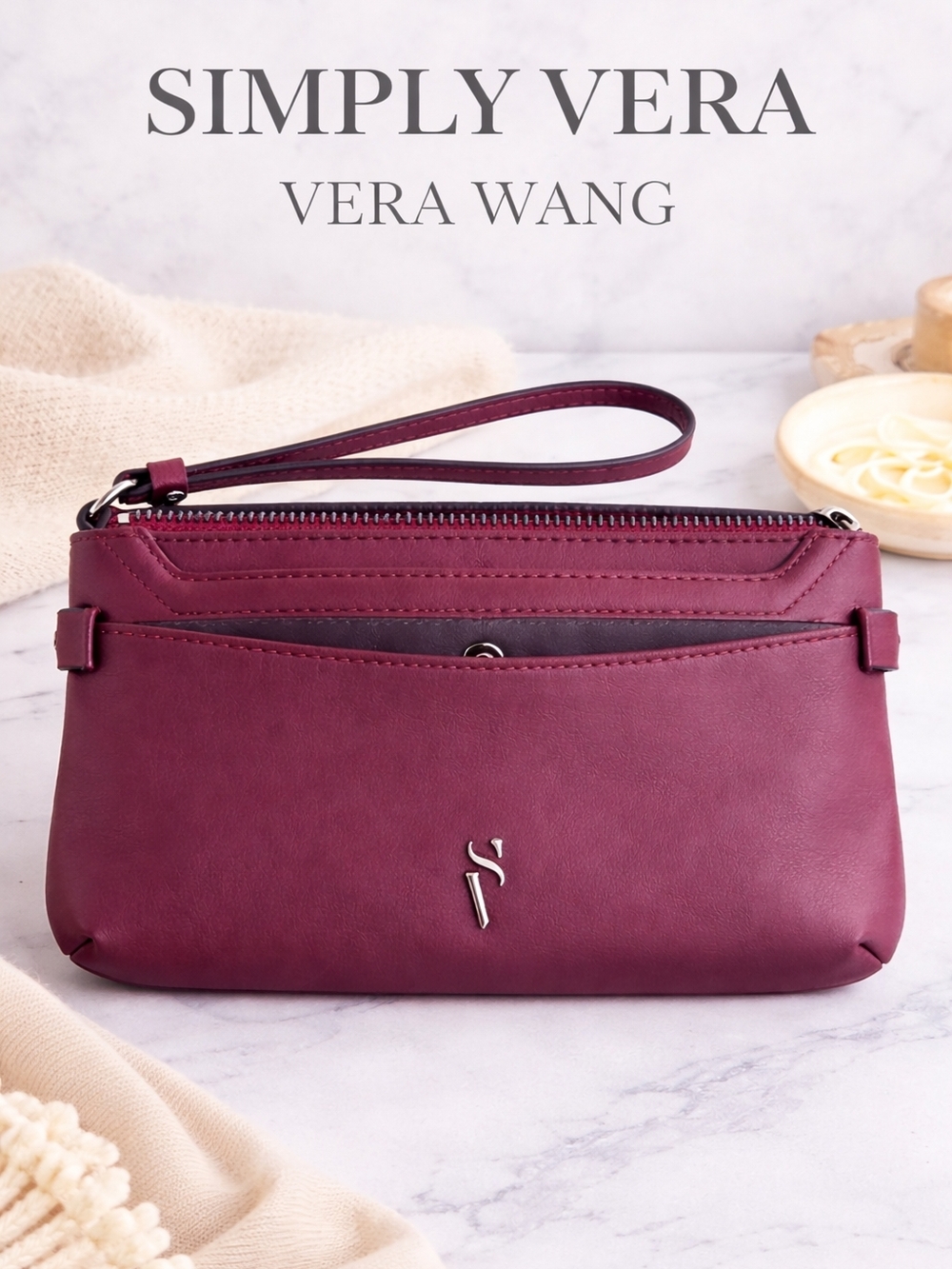 Simply Vera Vera Wang Burgundy Wristlet Wallet Clutch Zip Pouch
